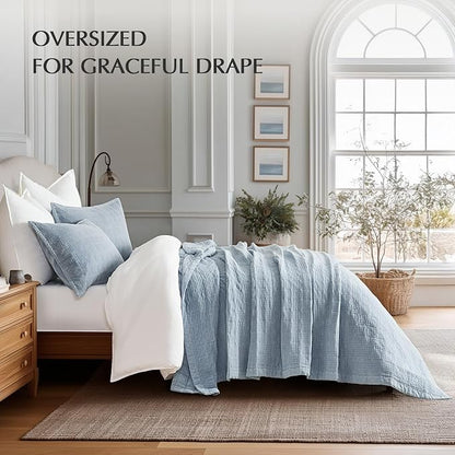 EVERGRACEHOME Stonewashed Cotton Quilt Set Queen Size, Ultra Soft Oversized Bedspread Coverlet Set, Lightweight Crinkle Box Stitch Bedding Sets for All Season, with 2 Matching Shams, Blue Linen