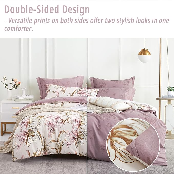Floral Cotton Comforter King Size 3Pcs - Pink Flowers on Botanical Textured Beige Front, Mauve Taupe Back, Reversible Lightweight Bedding Sets with Soft Fill(King, 104"×90")