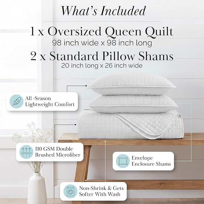 Southshore Fine Living, Inc. White Queen Quilt Bedding Set, Dual Fit Luxury Bedding Quilts, Queen Size Bedspread Coverlet, Full Size Quilted Comforter Bed Spread w/Pillow Shams, White Quilts