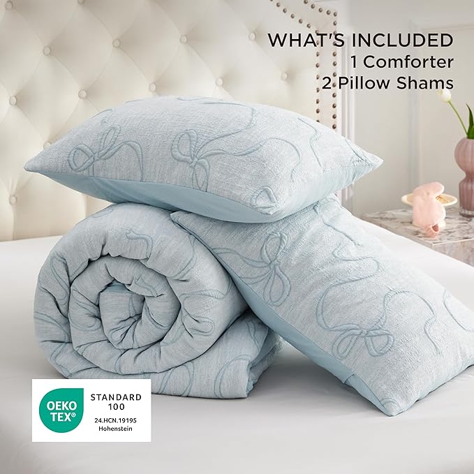 Bedsure Dusty Blue King Size Comforter Set, GentleSoft™ 3 Pieces Breathable Bow Comforter Set Women with 2 Pillow Shams, Cute King Bedding Set Room Decor Aesthetic Bedroom Decor, 104x90 Inches