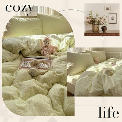 HighBuy Gingham Comforter Set King with Lace Ruffles,Modern Plaid Checkered Pattern Comforter Soft Fluffy Gingham Bedding Set Lightweight,Grid Plaid Bedding Checkered Comforter Set