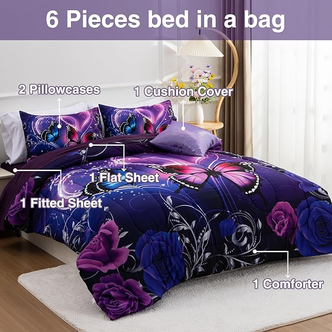 A Nice Night Galaxy 6pcs Bed in A Bag Purple and Blue Dreamy 3D Butterfly Printed, Butterflies Bedding Queen Comforter Set, for Girls Kids Teens