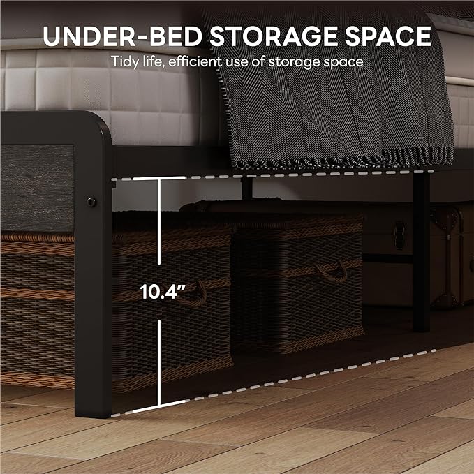 LIKIMIO Queen Bed Frame with Headboard, Dark Wood Camas Queen with Strong Supports, Sturdy, Noise-Free, No Box Spring Needed, Charcoal Grey