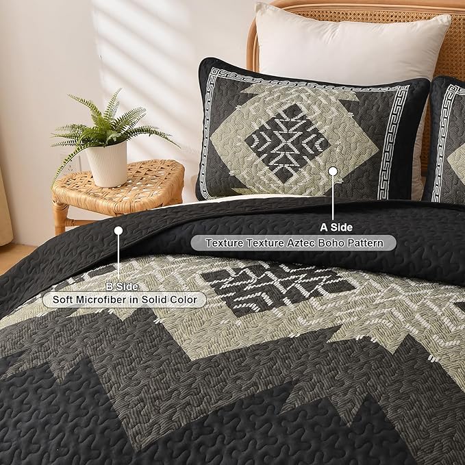 Dintszyayue Boho Quilt Set King Size, Black Aztec Texture Bedspread Set, 3 Pieces Texture Southwestern Bedding Set, Soft Lightweight Coverlet Set for All Season Bedding with 2 Pillowcases