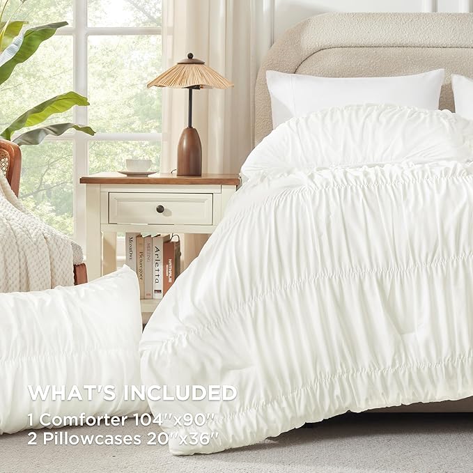 Andency Ruched Ivory King Size Comforter Set, Shabby Chic Pleated Bedding Sets 3 Pieces, Lightweight Soft Boho Ruffle Bed Set for Girls, Kids, Women, All Season