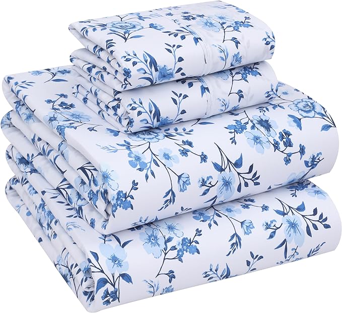 RUVANTI 100% Cotton Sheets – King Size Percale Bedding, Cooling & Breathable Floral Design, Durable with a Crisp, Soft & Comfortable Feel, 16" Deep Pocket, 4-Piece Set, Annual