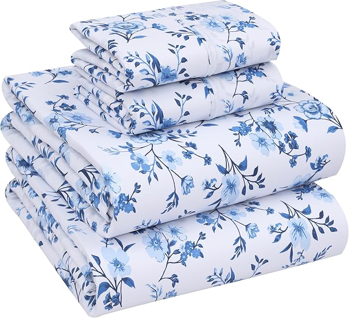 RUVANTI 100% Cotton Sheets – California King Percale Bedding, Cooling & Breathable Floral Design, Durable with a Crisp, Soft & Comfortable Feel, 14" Deep Pocket, 4-Piece Set, Annual