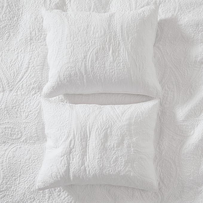 palassio White Paisley 100% Cotton Quilt Twin Size Bedding Sets with 1 Pillow Sham, Boho Floral Lightweight Farmhouse Country Vintage Soft Bedspread Shabby Chic Coverlet for All Season, 2 Pieces