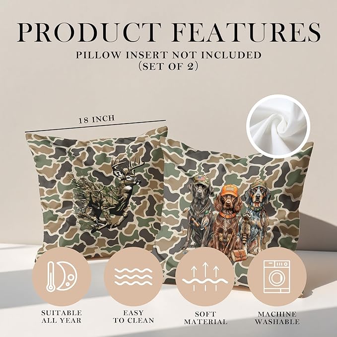Vintage Camo Labrador Retriever Mallard Deer Duck Throw Pillow Covers 18x18 Set of 2, Dog Hunting Pillowcase, Camouflage Farm Animal Decorative Pillow Covers,Camouflage Wild Animal Decor（88）