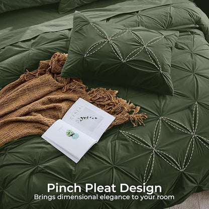 Sasttie King Size Comforter Set, 7-Piece Bed in a Bag, Pintuck Bedding Sets for All Season, Includes Comforter, Flat Sheet, Fitted Sheet, Pillowcases and Pillowshams, Dark Green