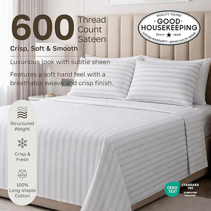 California Design Den King Size Sheet Set - 100% Cotton, 600 Thread Count, Deep Pocket King Sheets, Premium-Feel Bedding with Sateen Weave - Ticking Stripe Pattern