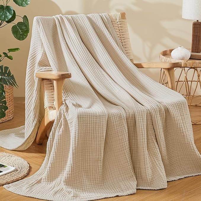 EMME Cotton Muslin Large Throw Blanket Couch Breathable Gauze Soft Lightweight Bed Blankets Adults (Heather Beige, 50"x70")