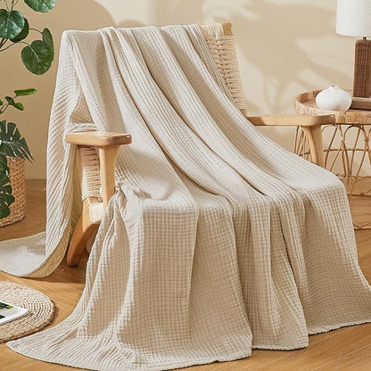 EMME Cotton Muslin Throw Blanket Couch Breathable Gauze Soft Lightweight Bed Blankets Adults (Heather Beige, 50"x60")
