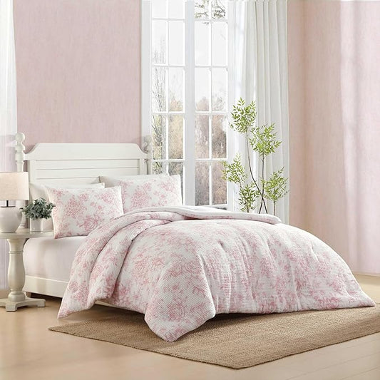 Laura Ashley - Comforter Set, Soft Poly Waffle Textured Bedding with Matching Sham, Delicate Floral Design (Delphine Pastel Pink, Twin)