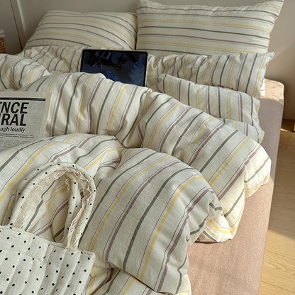 EAVD Vintage Colorful Striped Comforter Set Full Soft Cotton 3-Piece Retro Vertical Striped Bedding Set with 2 Pillowcases Boho Geometric Comforter Set for All-Season(Green&Yellow&Brown, Full)