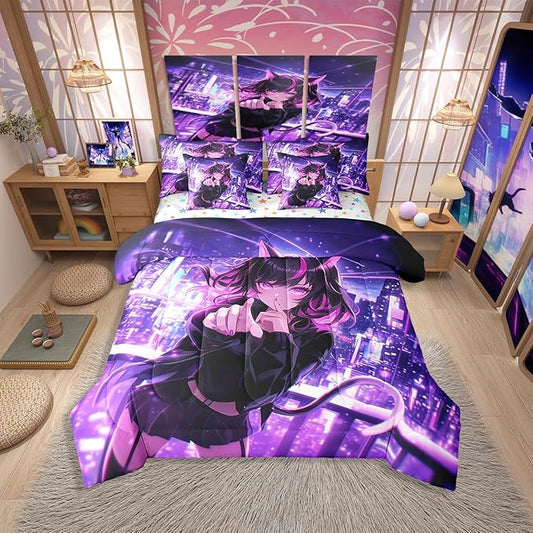 Erosebridal Kids Anime Girl Queen Comforter Set 7 Piece, Japanese Anime Bed in A Bag, Cartoon Girl Bedding Comforter Sets for Boys Teens Bedroom Decor, Kawaii Japanese Animation Bed Set