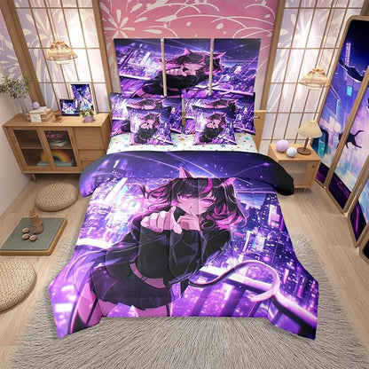Erosebridal Kids Anime Girl Full Comforter Set 7 Piece, Japanese Anime Bed in A Bag, Cartoon Girl Bedding Comforter Sets for Boys Teens Bedroom Decor, Kawaii Japanese Animation Bed Set
