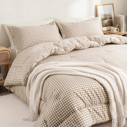 Queen Comforter Set, Modern Plaid Checkered Bedding, Tan Gingham Brown Grid Bed Comforter, Soft Fluffy Breathable Farmhouse Dorm Bedding, All Seasons 3 Piece Set | Gingham