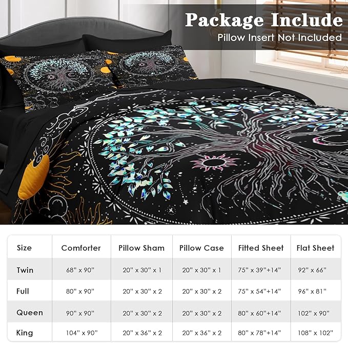 Comforter Set Twin Size, Trippy Hippie Tree of Life 5 Pcs Bedding for Kids and Adults, Sun and Moon Bohemian Bed Sheet Sets with Fitted Sheet Pillowcase & Sham for Bedroom Bed Decor
