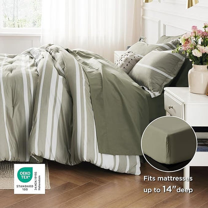 Bedsure Queen Comforter Set 7 Pieces, Olive Green Striped Bedding Set for All Seasons, Reversible, Cationic Dyeing Bed in a Bag with Comforter, Sheets, Pillowcases & Shams