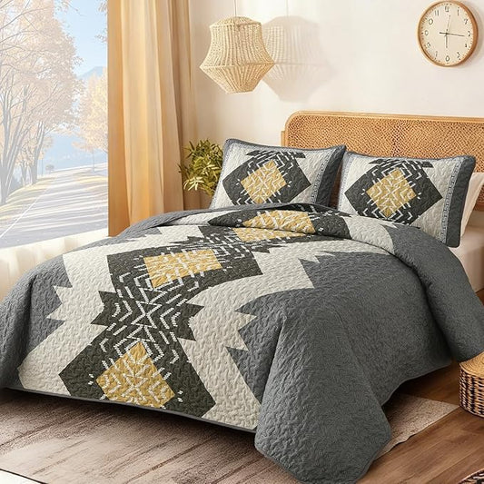 Dintszyayue Boho Quilt Set King Size, Grey Aztec Texture Bedspread Set, 3 Pieces Texture Southwestern Gray Bedding Set, Soft Lightweight Coverlet Set for All Season Bedding with 2 Pillowcases