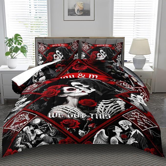 Red Skull Comforter Set King Size Women Men Black Goth Bedding Set Girls Gothic King Size Comforter Couple Red Rose Couple Bedding Boho Skull Quilt Bedroom Decor