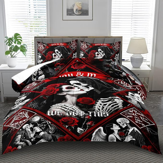 Red Skull Comforter Set Queen Size Women Men Black Goth Bedding Set Girls Gothic Queen Size Comforter Couple Red Rose Couple Bedding Boho Skull Quilt Bedroom Decor