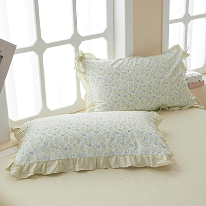 HighBuy Green Ruffle Comforter Set Queen Lace Edge Blue Flower Bedding Comforter Set Coquette Cottagecore Bedding Set with 1 Romantic Comforter 2 Lace Pillow Shams for Teen Girls All Seasons