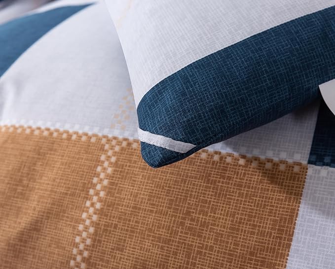 Caressma Navy Blue Plaid Checkered Comforter Set, Fluffy Geometric Grid Gray and Brown Buffalo Twin Size Comforter with Matching Pillow Shams for All Seasons