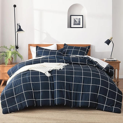 Andency Navy Plaid Comforter Full(79x90Inch), Dark Blue Grid Gingham Buffalo Plaid Bed Set for Boys Kids Teens, 3 Pieces Lightweight Polyester Geometric Preppy Bedding