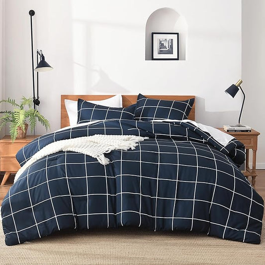 Andency Navy Plaid Comforter Full(79x90Inch), Dark Blue Grid Gingham Buffalo Plaid Bed Set for Boys Kids Teens, 3 Pieces Lightweight Polyester Geometric Preppy Bedding