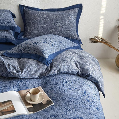 mixinni Muslin Cotton Vintage White Paisley Floral Duvet Cover King Size 3pcs Yarn Dyed Navy Blue Jacquard Weave Bedding Comforter Cover Soft Breathable Bedding Sets for All Season-King Size