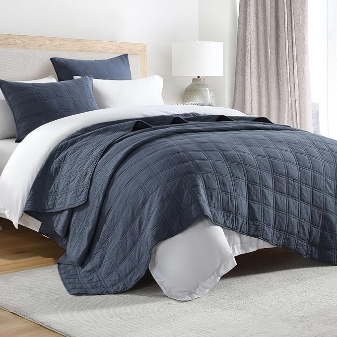 HORIMOTE HOME 100% Cotton Quilt Set Twin Size, Denim Blue Pre-Washed Bedspreads Coverlet Set in Geometric Pattern, Cozy Lightweight Stitching Decorative Bedding Cover with 1 Sham for All Season
