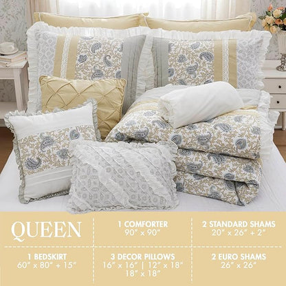 Madison Park Dawn 100% Cotton Shabby Chic Comforter Set-Modern Cottage Design All Season Down Alternative Bedding, Matching Shams, Bedskirt, Decorative Pillows, Queen(90"x90"),, Yellow 9 Piece
