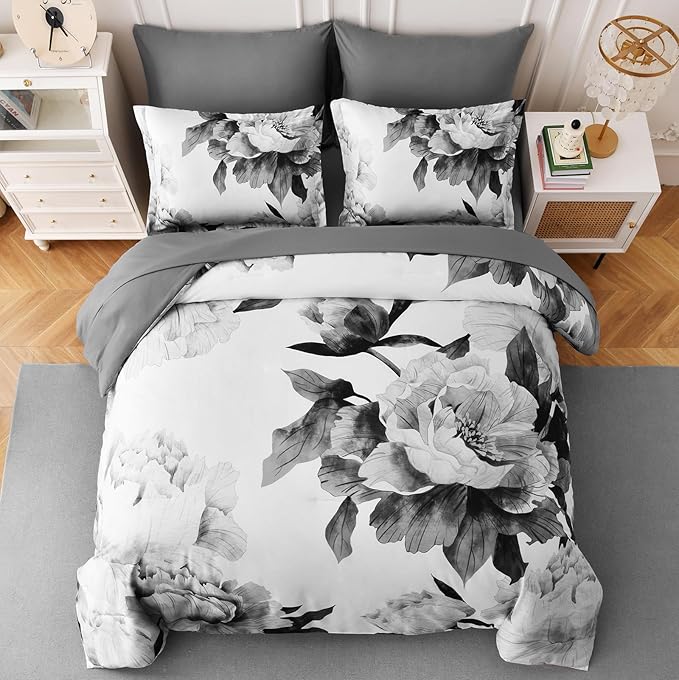 Dobuyly Grey Full Size Comforter Set 7 Piece Bed in a Bag, Gray Floral Printed on White Comforter Set with Sheets, Soft Microfiber Botanical Farmhouse Bedding Set for All Season