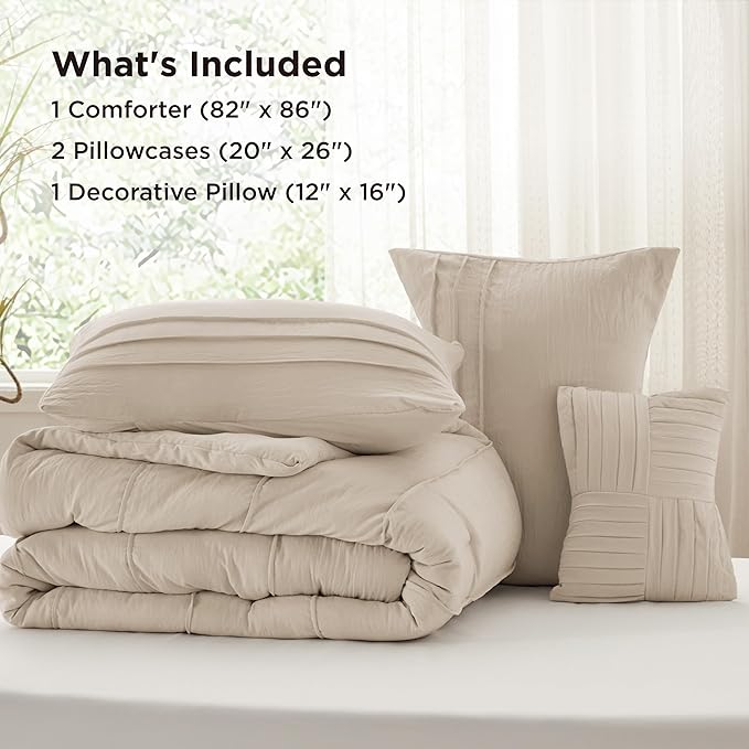 Bedsure Full Comforter Set - 4 Pieces Pinch Pleat Bed Set, Linen Boho Bedding for All Season, 1 Soft Comforter, 2 Pillowcases, 1 Decorative Pillow