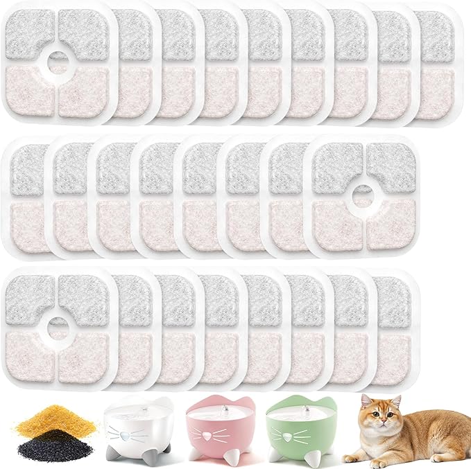 25 Pack Cat Fountain Filter Compatible With Catit PIXI Drinking Fountain | Replacement Triple Action Water Filter with Ion-exchange Resin & Activated Carbon, White