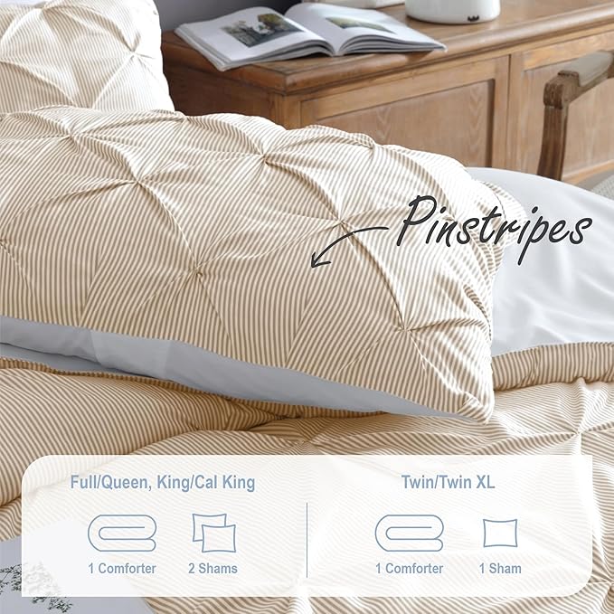 Swift Home Full/Queen Pinstripe Taupe Comforter Set - Classic Pintuck Bedding Set - 3 Pieces Bed Linen, 1 Comforter and 2 Pillow Shams