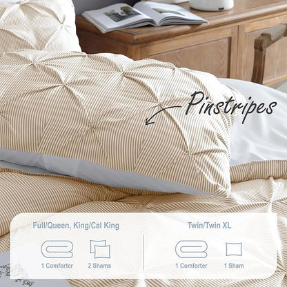 Swift Home Full/Queen Pinstripe Taupe Comforter Set - Classic Pintuck Bedding Set - 3 Pieces Bed Linen, 1 Comforter and 2 Pillow Shams