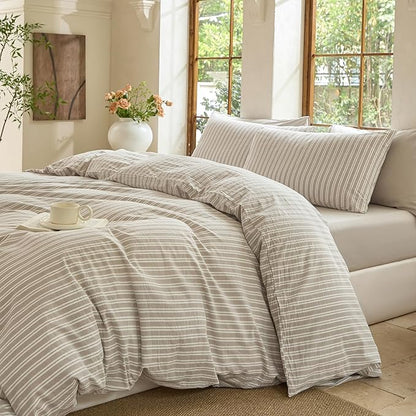 Striped Duvet Cover Set,100% Washed Cotton Linen Like Bedding Set,Breathable,Durable,Comfy(Strip-Tannish Linen Grey/White,Full)