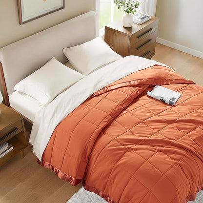 Madison Park Queen Blanket Quilted Microfiber, Satin Binding, 3M Scotchgard Moisture Wicking, Soft and Lightweight Summer Blanket for Couch, Windom, Full/Queen, Orange