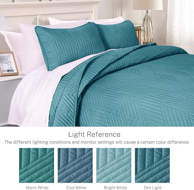Exclusivo Mezcla Ultrasonic King Quilt Bedding Set, Lightweight Teal Bedspreads Soft Modern Geometric Coverlet Set for All Seasons (1 Quilt and 2 Pillow Shams)