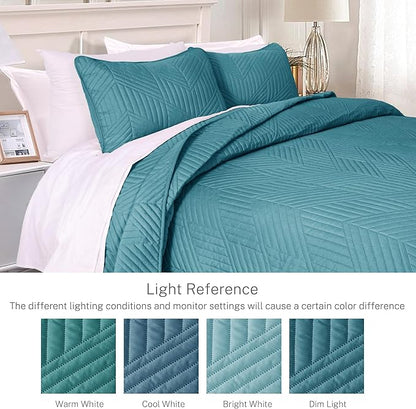 Exclusivo Mezcla Ultrasonic Full Queen Quilt Bedding Set, Lightweight Teal Bedspreads Soft Modern Geometric Coverlet Set for All Seasons (1 Quilt and 2 Pillow Shams)