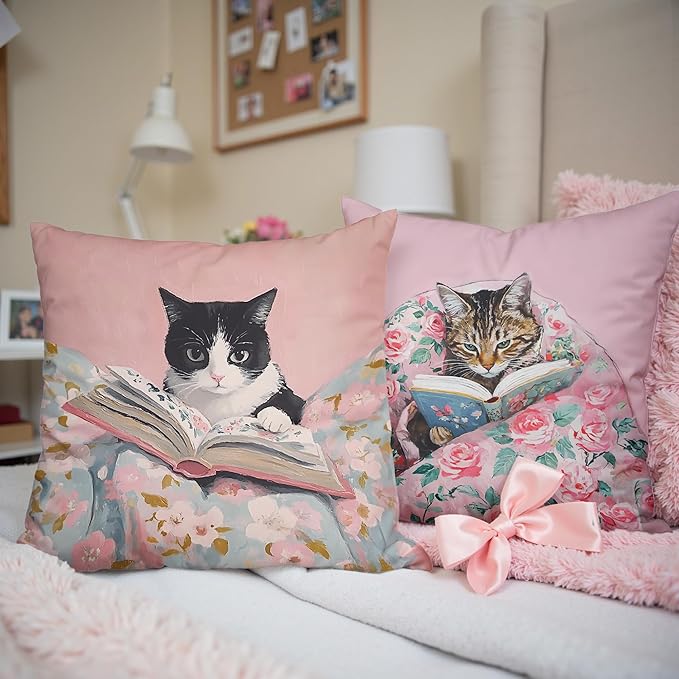 Funny Cat Reader Book Pillow Cover 18 x 18 Set of 2, Preppy Floral Black Orange Tabby Tuxedo Cats Bookish Pillowcase, Gifts for Book Lovers, Reading Nook Corner Decor