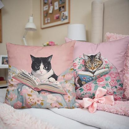 Funny Cat Reader Book Pillow Cover 18 x 18 Set of 2, Preppy Floral Black Orange Tabby Tuxedo Cats Bookish Pillowcase, Gifts for Book Lovers, Reading Nook Corner Decor