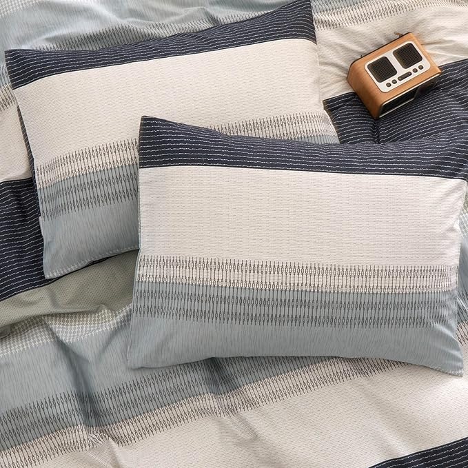 LifeTB Cotton Striped Duvet Cover Set Queen White Blue Gray Stripes Pattern Comforter Cover Geometric Striped Bedding Set Modern Soft Geometric Print Duvet Cover for Men Boys Farmhouse Bedding Set