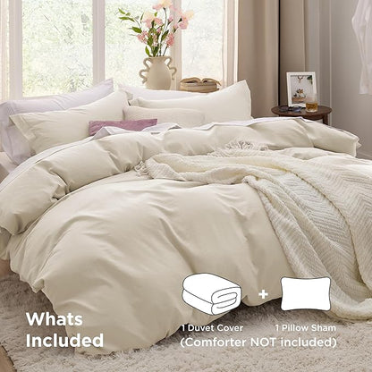 Bedsure Oat Milk Duvet Cover Twin/Twin XL Size - 2 Pieces Prewashed Cotton-Like Polyester Extra Soft Bedding Set, Includes 1 Twin Duvet Cover 68x90 In with Zipper Closure & 1 Pillow Sham, No Comforter