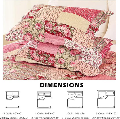 Cmfshape Summer Floral California King Bedspread,Romantic Pink Quilt Set King,Reversible Stitched Bedding Set All Season,Soft Lightweight Coverlet with Pillow Cases (Hot Pink&Rose, King106 x96)