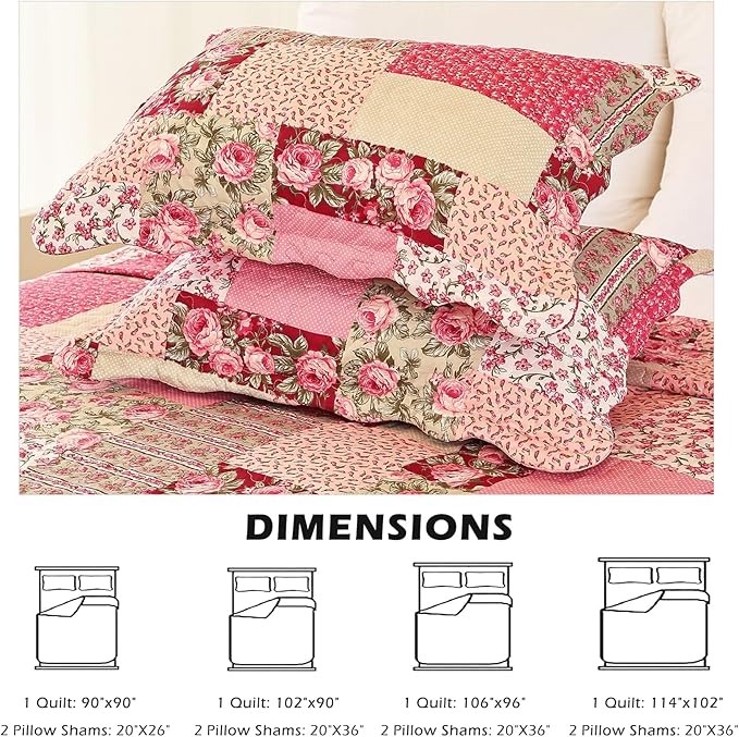 Cmfshape Summer Floral Oversize King Bedspread,Romantic Pink Quilt Set King,Reversible Stitched Bedding Set All Season,Soft Lightweight Coverlet with Pillow Cases (Hot Pink&Rose, Super King114 x102)