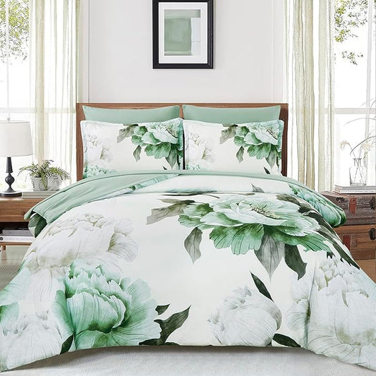 Dobuyly Green Comforter Set King Size 7 Piece Bed in a Bag King, Sage Green Floral Printed Comforter Set with Sheets, Soft Microfiber Botanical Flower Complete Bedding Set for All Season